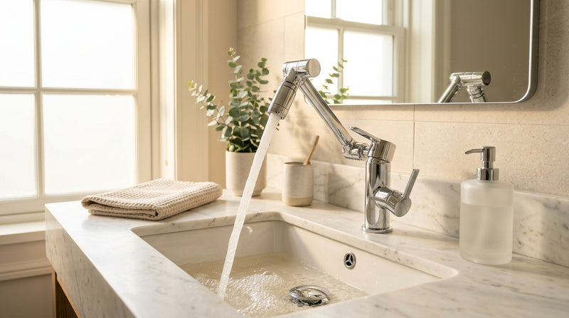IntelWink Universal 1080 Degree Swivel Robotic Arm Faucet Aerator installed on a modern bathroom faucet delivering smooth splash-free aerated water flow