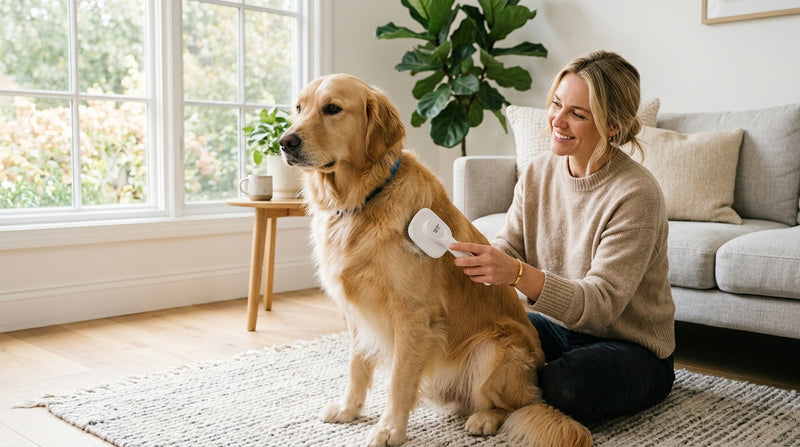 IntelWink self-cleaning slicker pet grooming brush in-home editorial deshedding session with a golden retriever
