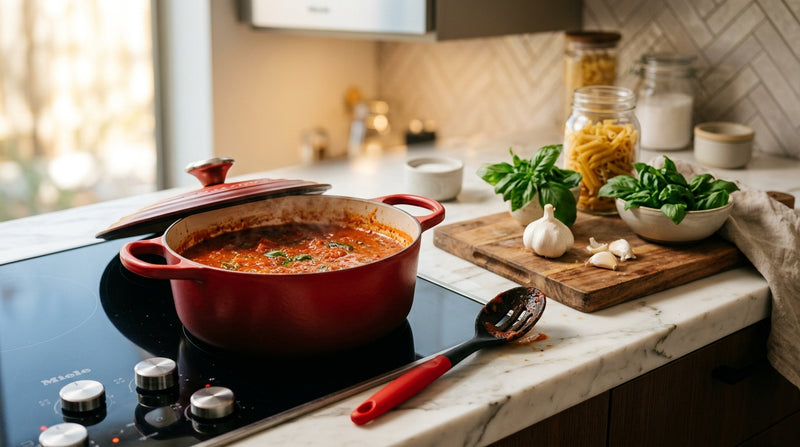 Editorial kitchen stovetop with IntelWink multifunctional slotted cooking spoon resting beside simmering sauce