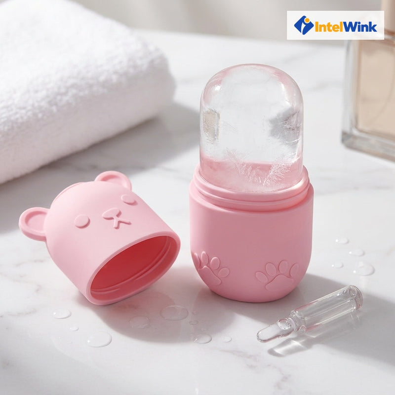 IntelWink Cryo Facial Ice Roller silicone contouring cube mold opened on luxury marble bathroom vanity