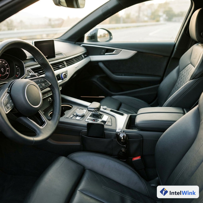 Vehicle cockpit interior showing universal car seat gap filler organizer slotted between seat and console holding smartphone and sunglasses