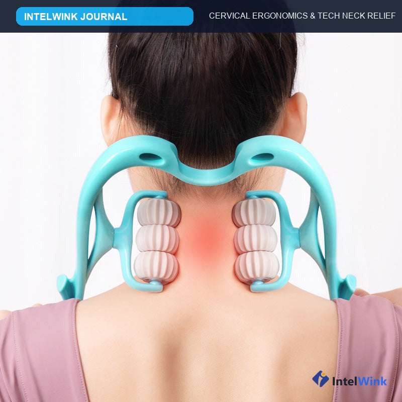 IntelWink Journal guide to relieving tech neck and trapezius knots using 6-wheel manual roller massager