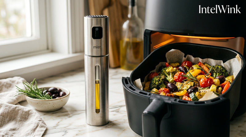 IntelWink food-grade stainless steel olive oil sprayer mister beside air fryer with roasted vegetables on kitchen countertop