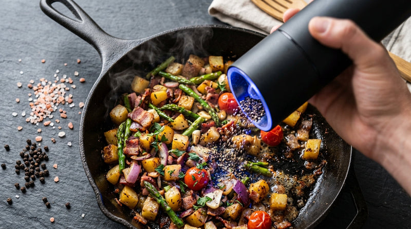 Modern matte black electric gravity pepper grinder automatically seasoning skillet with blue LED illumination