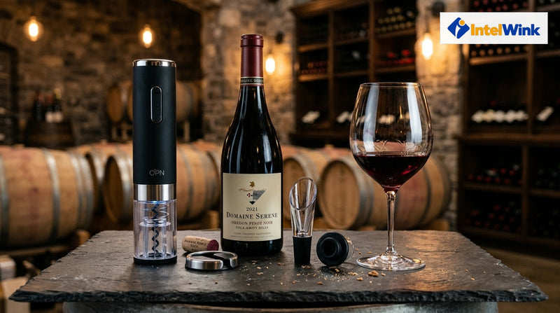 IntelWink Automatic Electric Wine Bottle Opener 4-in-1 Gift Set on wine tasting table with red wine glass