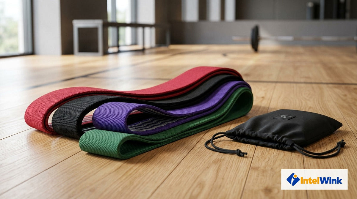 IntelWink 4-Tier Fabric Long Resistance Exercise Bands & Pull-Up Assist Strength Loop Set on athletic gym floor
