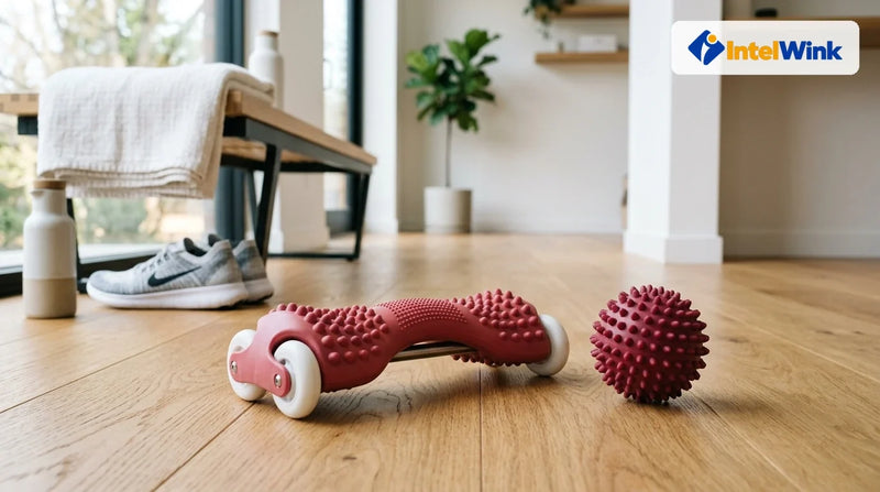 Rose Red ergonomic foot massage roller and spiky reflexology ball on wooden floor beside athletic shoes and linen towel