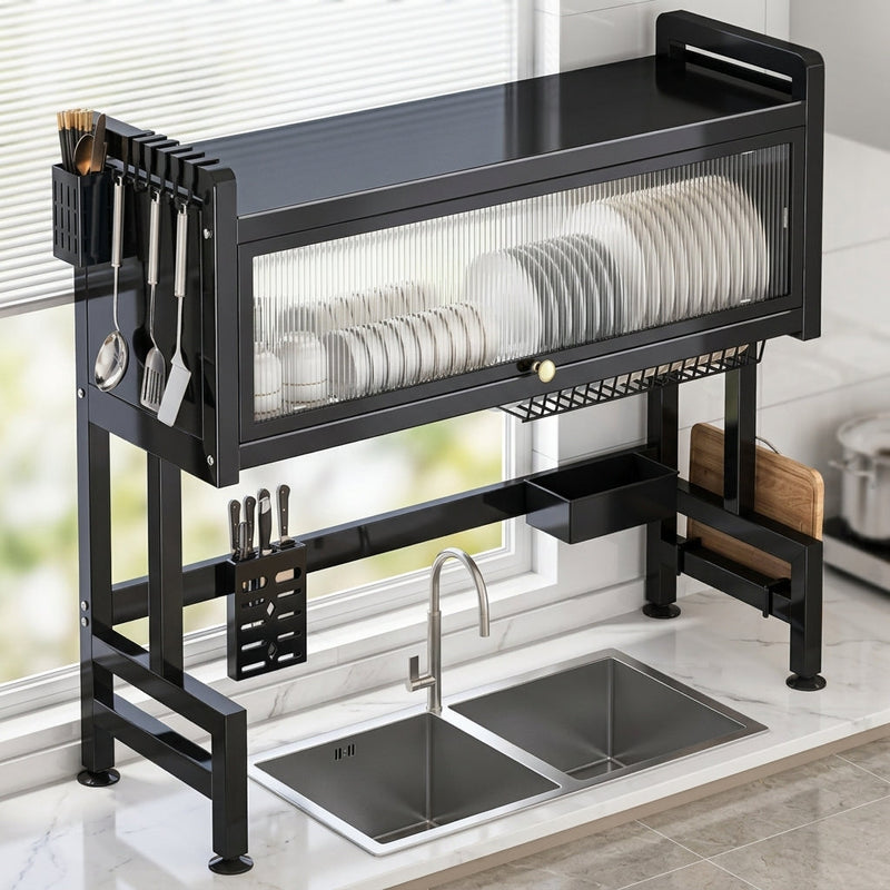Modern bright kitchen lifestyle setting featuring IntelWink enclosed dish drying rack standing over stainless steel sink