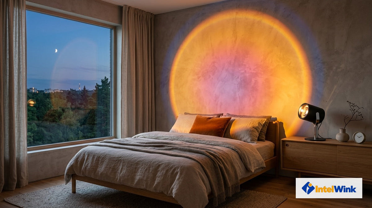 IntelWink 180-degree rotating sunset projector lamp casting warm golden hour halo gradient across minimalist Scandinavian bedroom wall at dusk
