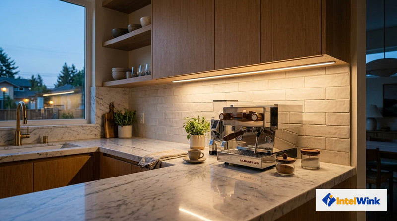 IntelWink ultra-thin magnetic motion sensor LED light bar mounted under kitchen cabinets casting soft glare-free warm task lighting across marble countertop