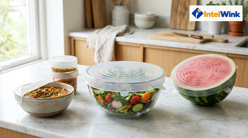 IntelWink reusable silicone stretch lids sealing fresh salad bowl and watermelon on modern kitchen countertop