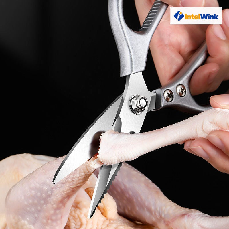 IntelWink heavy duty forged stainless steel poultry shears cutting cleanly through chicken backbone for spatchcocking