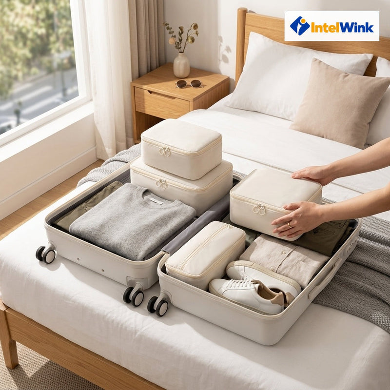 IntelWink Ultra-Compression Travel Packing Cubes neatly arranged with folded clothing in carry-on suitcase
