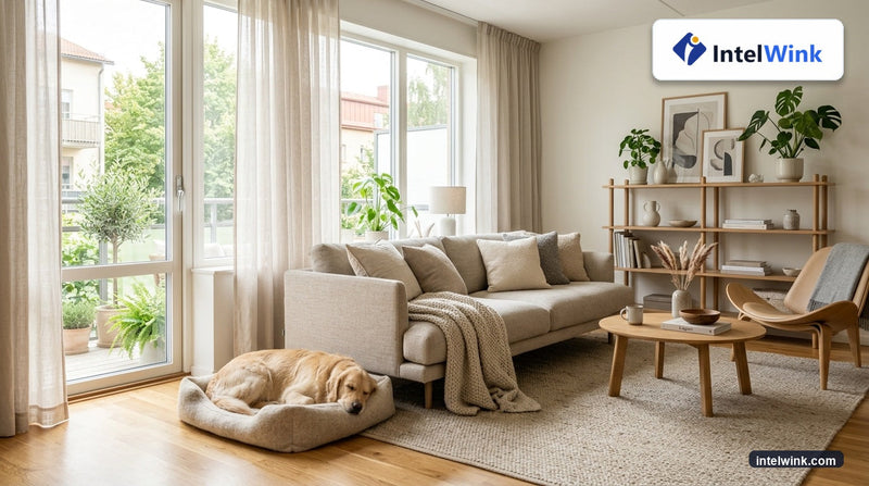 IntelWink Reusable Self-Cleaning Pet Hair Remover Roller extracting embedded dog and cat fur from fabric sofa cushion with official IntelWink branding