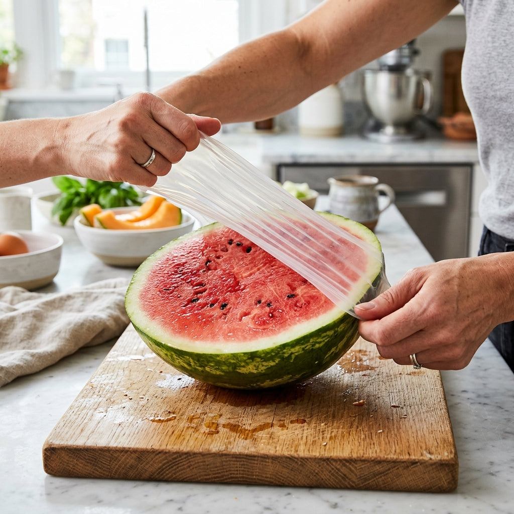 Elastic Silicone Stretch Lid Gripping Fresh Cut Watermelon Half on Wooden Cutting Board
