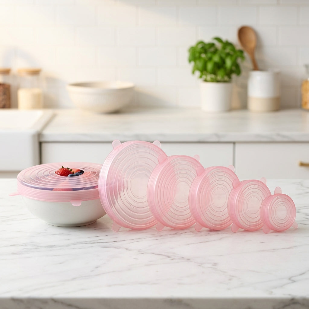 Soft Pink 6-Piece Silicone Stretch Lids Set with Concentric Grip Rings and Pull Tabs