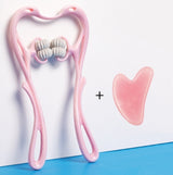 Pink four-roller neck massager paired with a pink crystal gua sha scraping board