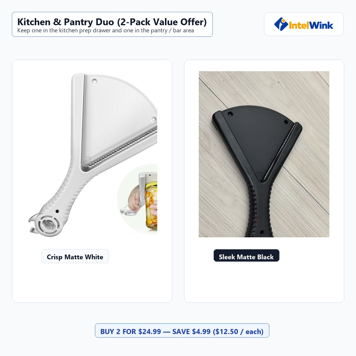 IntelWink Kitchen and Pantry Duo 2-Pack Value Offer with White and Black Ergonomic Jar Openers