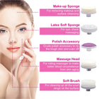 Overview of 5 interchangeable attachment heads: soft brush, rolling massager, makeup sponge, latex cushion, and polisher