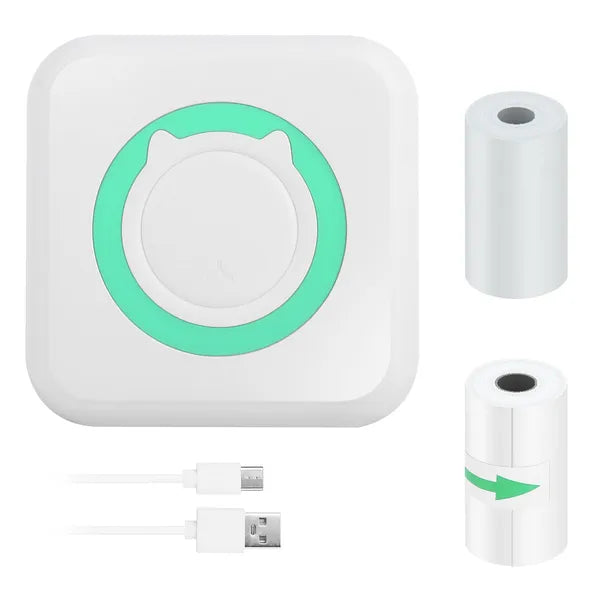 Portable Bluetooth Thermal Mini Printer package contents including charging cable and two thermal