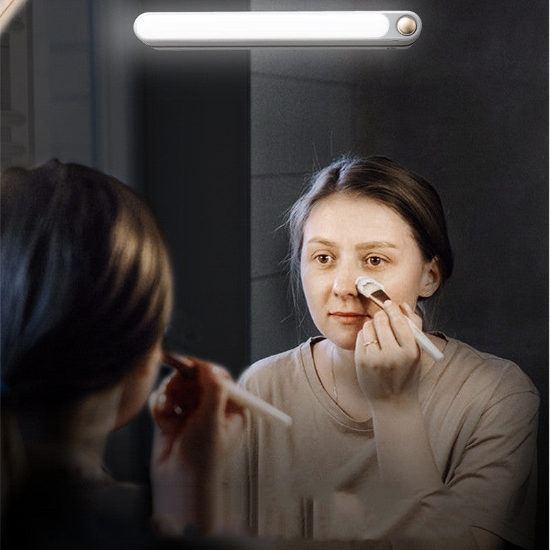 IntelWink Rechargeable LED Motion Sensor Light Bar installed above vanity mirror for clean