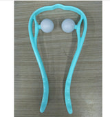 Cyan blue lightweight manual neck massager with dual pressure balls on a wooden surface