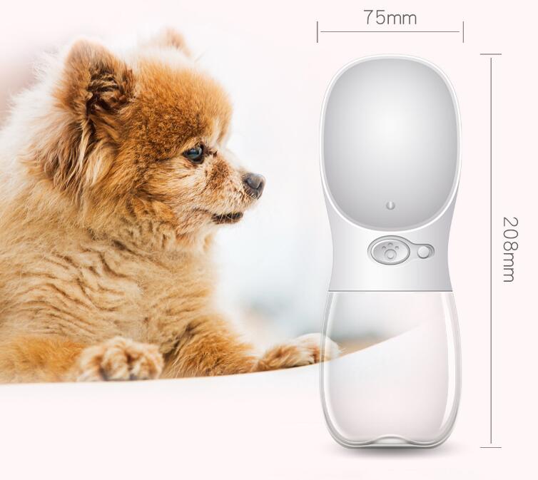 Dimensional specifications (75mm width by 208mm height) of IntelWink 350ml portable dog water