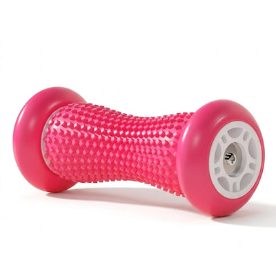 Contoured rose red foot massage roller with acupressure nubs and glide wheels on seamless white