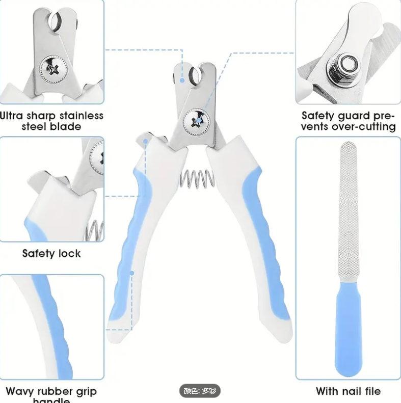 Pet nail clipper features showing stainless steel cutting blade, quick safety guard, lock, and