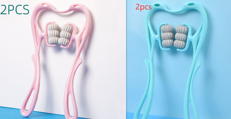 Two-piece set of manual six-roller neck massagers in pink and cyan blue