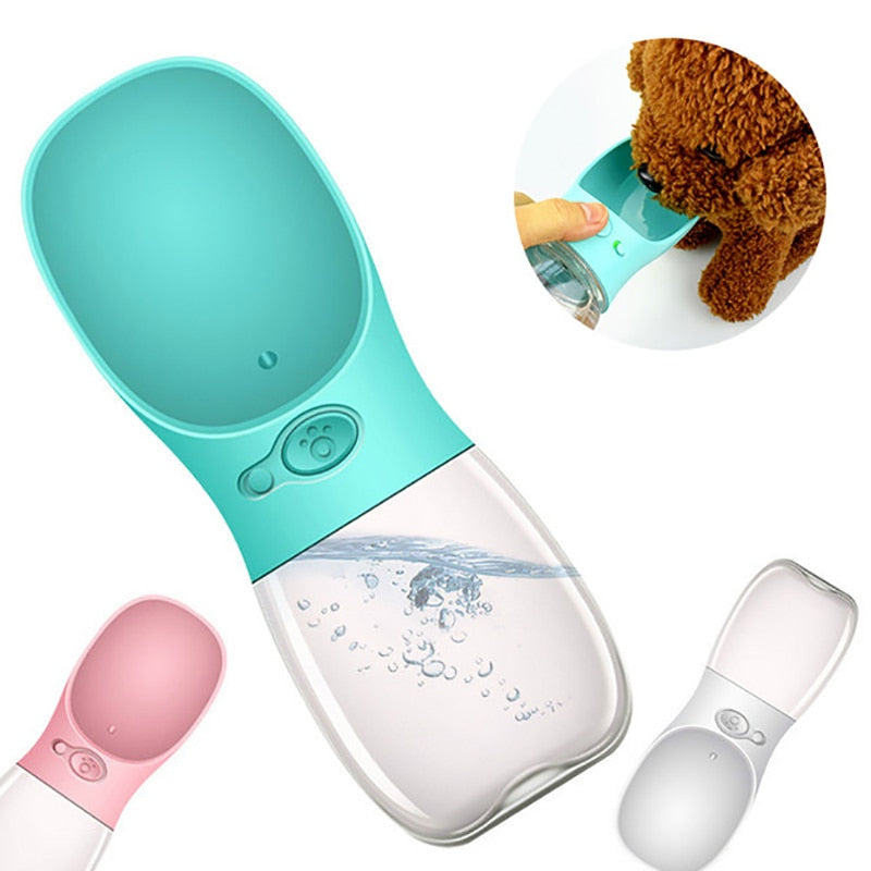 IntelWink sky blue portable dog bottle with water flowing into the curved drinking trough