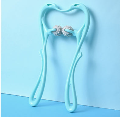 Cyan blue swan-style manual neck massager with spiked acupressure roller wheels