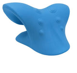 Blue contoured C-shaped cervical traction pillow with textured acupressure nodes
