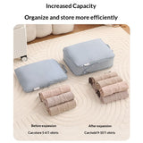 Expandable capacity demonstration showing clothing storage before and after compression