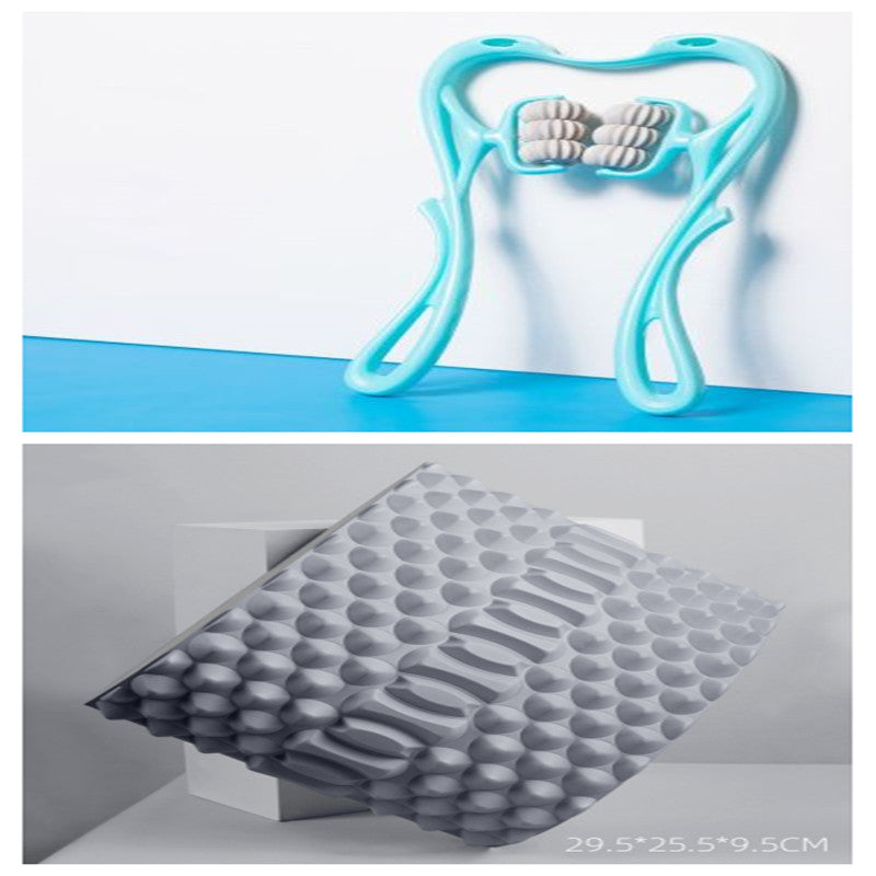 Set bundle containing a blue six-roller neck massager and a textured back stretching block