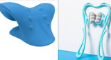 Set bundle containing a blue cervical neck pillow and a cyan blue six-roller massager
