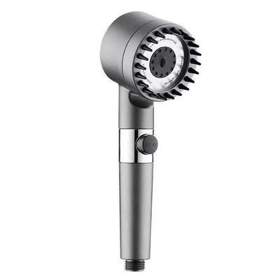 Gunmetal gray high-pressure handheld shower head with built-in mineral filter cartridge and thumb