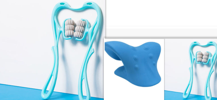 Neck care bundle including two cyan blue manual massagers and one blue cervical traction pillow