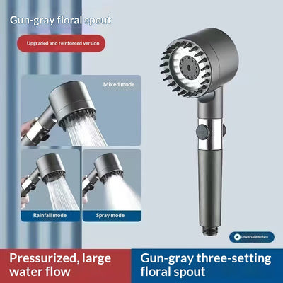 Polished chrome high-pressure handheld shower head with transparent handle showing internal filter