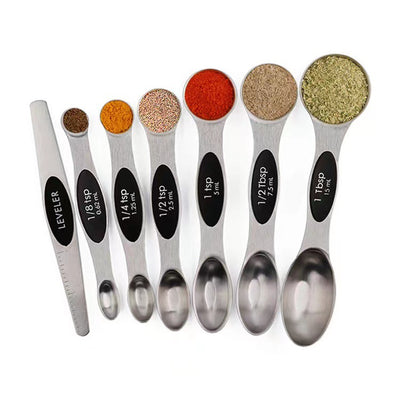 Midnight Black magnetic dual-sided measuring spoons set with leveler nested with engraved measurement markings