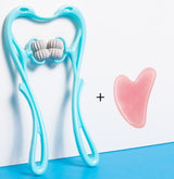 Cyan blue four-roller neck massager paired with a pink crystal gua sha scraping board