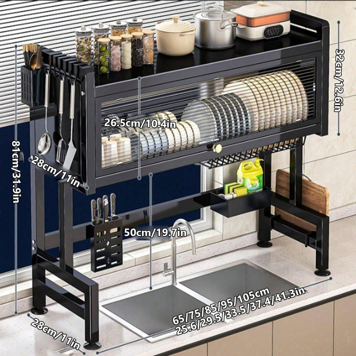 Front view of IntelWink 2-tier over the sink dish drying rack with closed dustproof acrylic cabinet