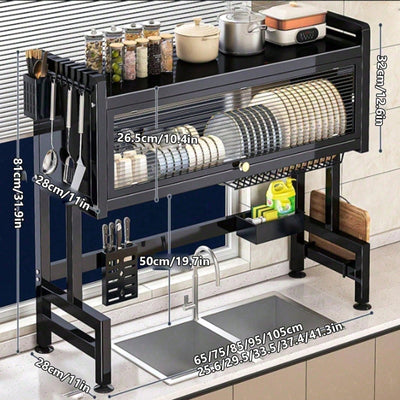 Front view of IntelWink 2-tier over the sink dish drying rack with closed dustproof acrylic cabinet