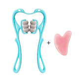 Cyan blue six-roller neck massager paired with a pink crystal gua sha scraping board
