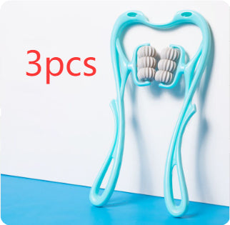 Three-piece multi-pack of cyan blue manual six-roller neck massagers