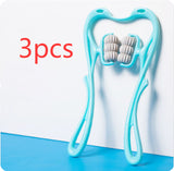 Three-piece multi-pack of cyan blue manual six-roller neck massagers