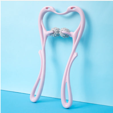 Pink swan-style manual neck massager with spiked acupressure roller wheels
