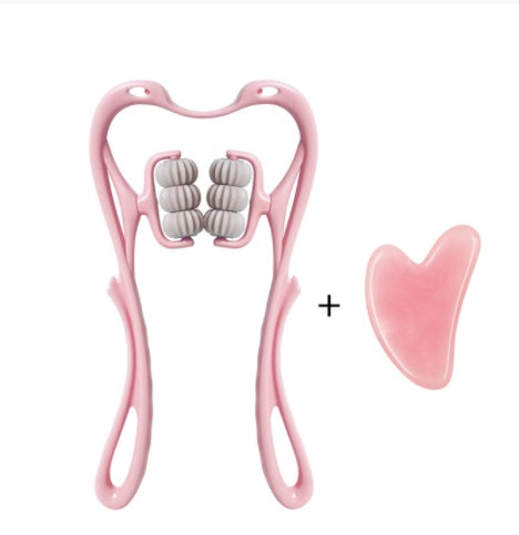Pink six-roller neck massager paired with a pink crystal gua sha scraping board