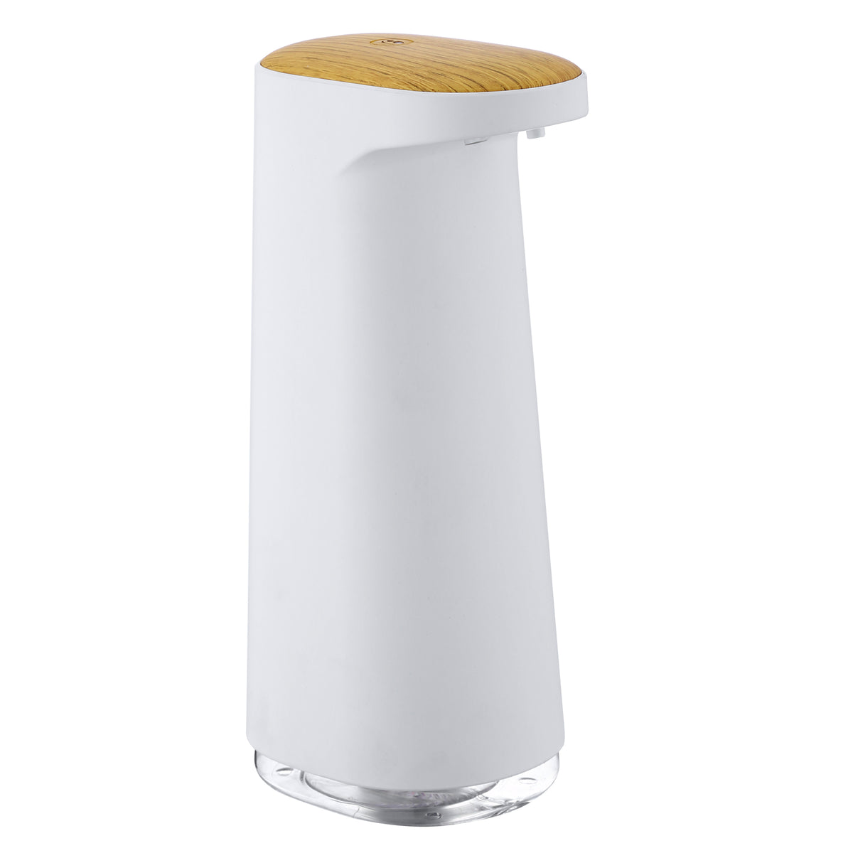 IntelWink Alpine White touchless foaming soap dispenser with woodgrain cap and clear reservoir