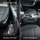 Before and after comparison showing dropped coins and keys under car seat versus organized storage in drop-in console organizer caddy
